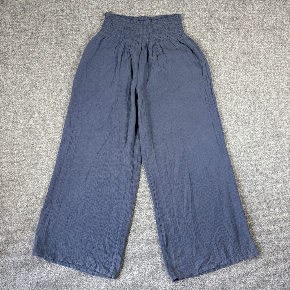 Marine Layer Sophia Double Cloth Palazzo Pants Blue Smocked Wide Leg Comfy Large